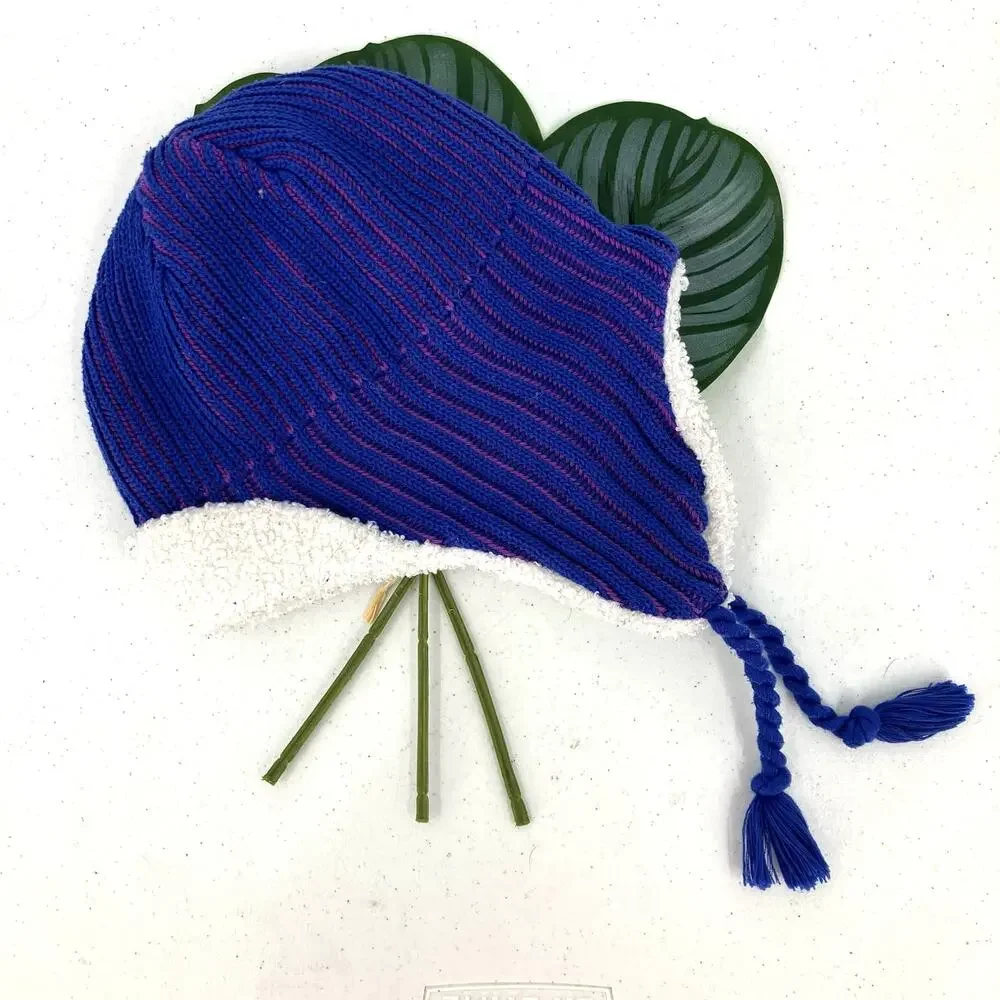 All In Motion Blue Purple Stripe Knit Faux Sherpa Trapper Ear Beanie Youth Hat